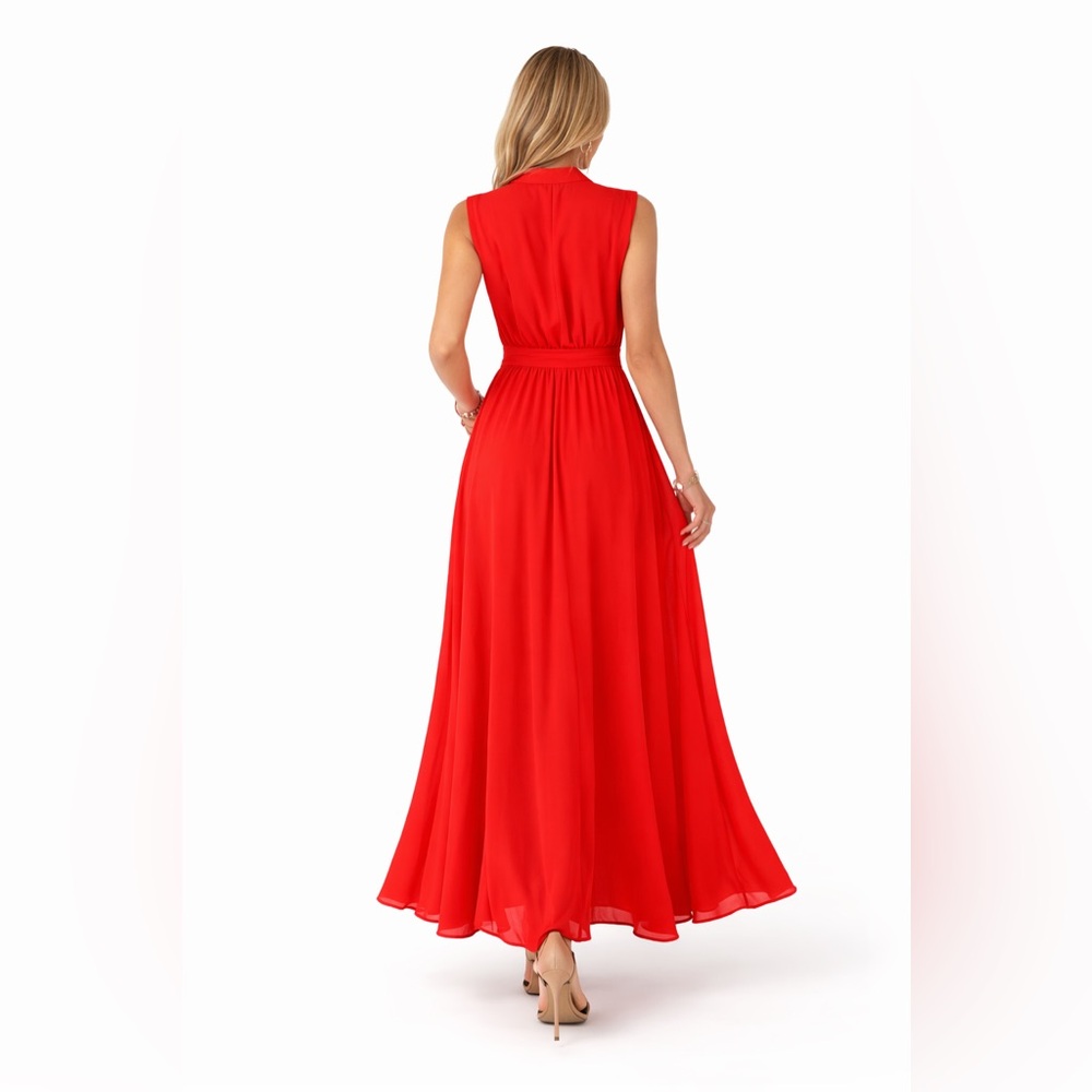 Red Sleeveless Wrap Maxi Dress with Tie Waist & High Slit – Size XS - Picture 2 of 6